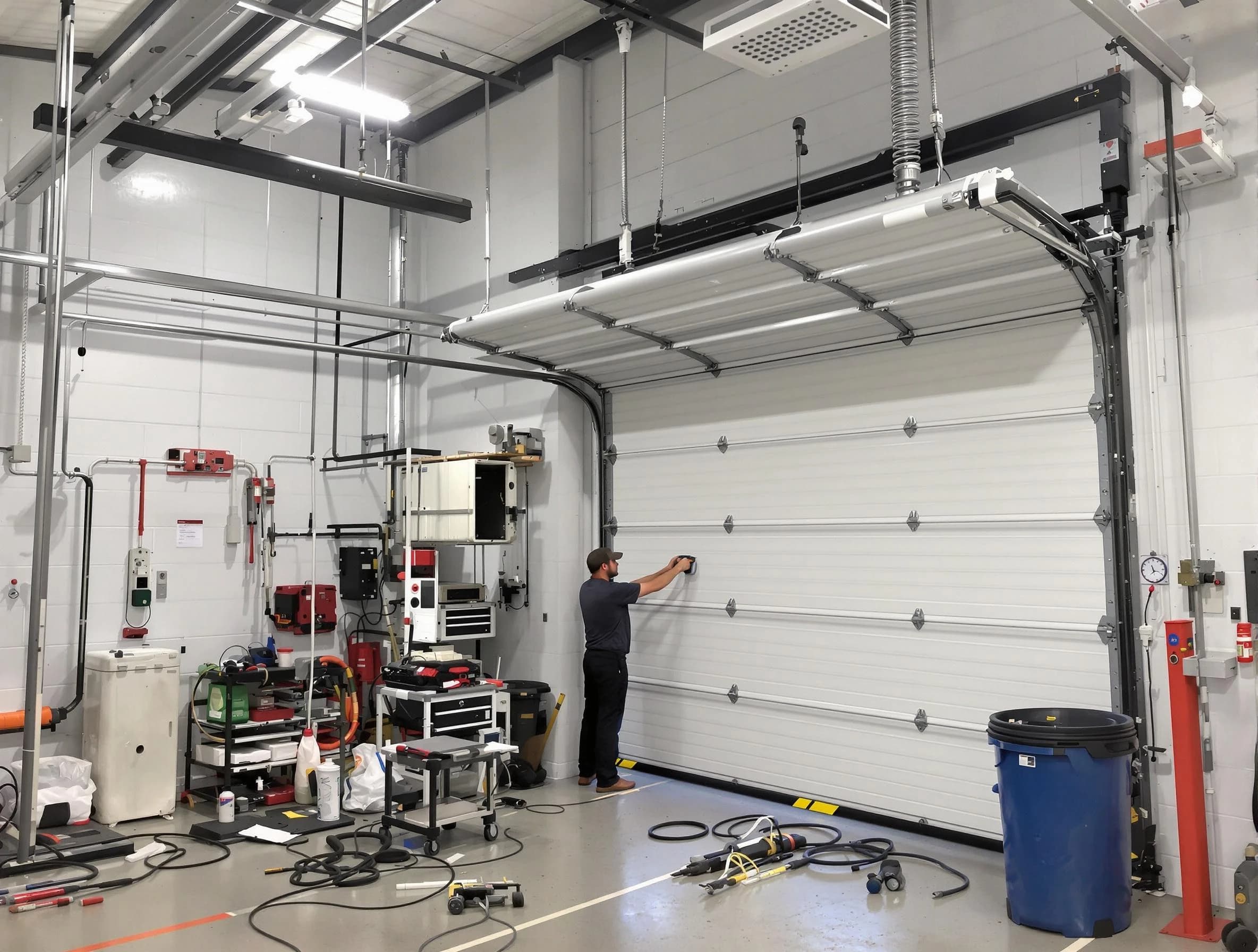 Midlothian Garage Door Repair certified technician performing commercial door repair at a Midlothian business facility
