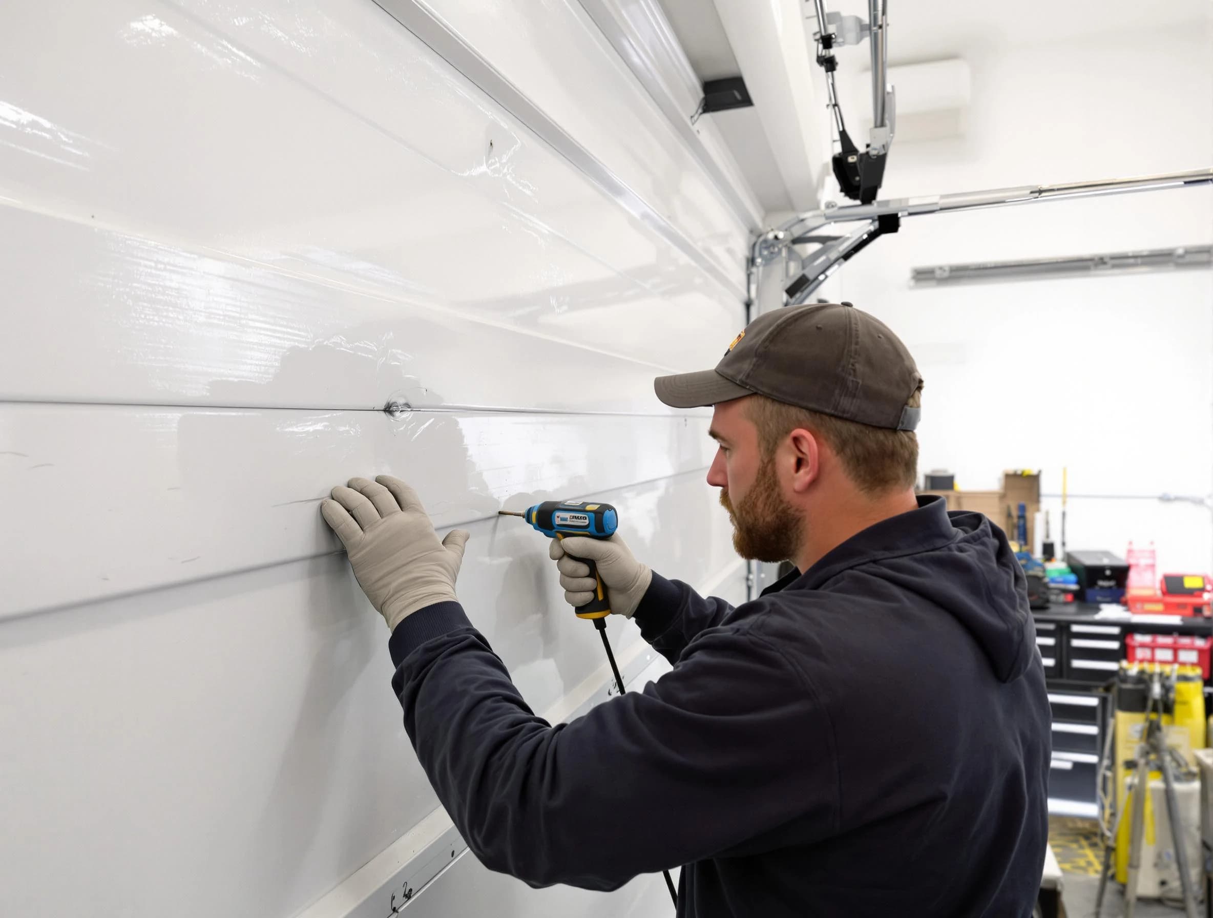 Midlothian Garage Door Repair technician demonstrating precision dent removal techniques on a Midlothian garage door